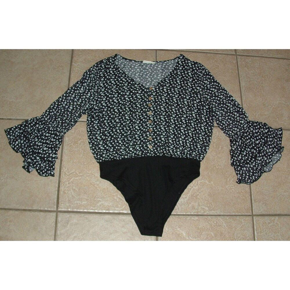 Black Floral Sz Large Casual or Dress Tiered Bell Sleeve Bodysuit ANDTHEWHY
